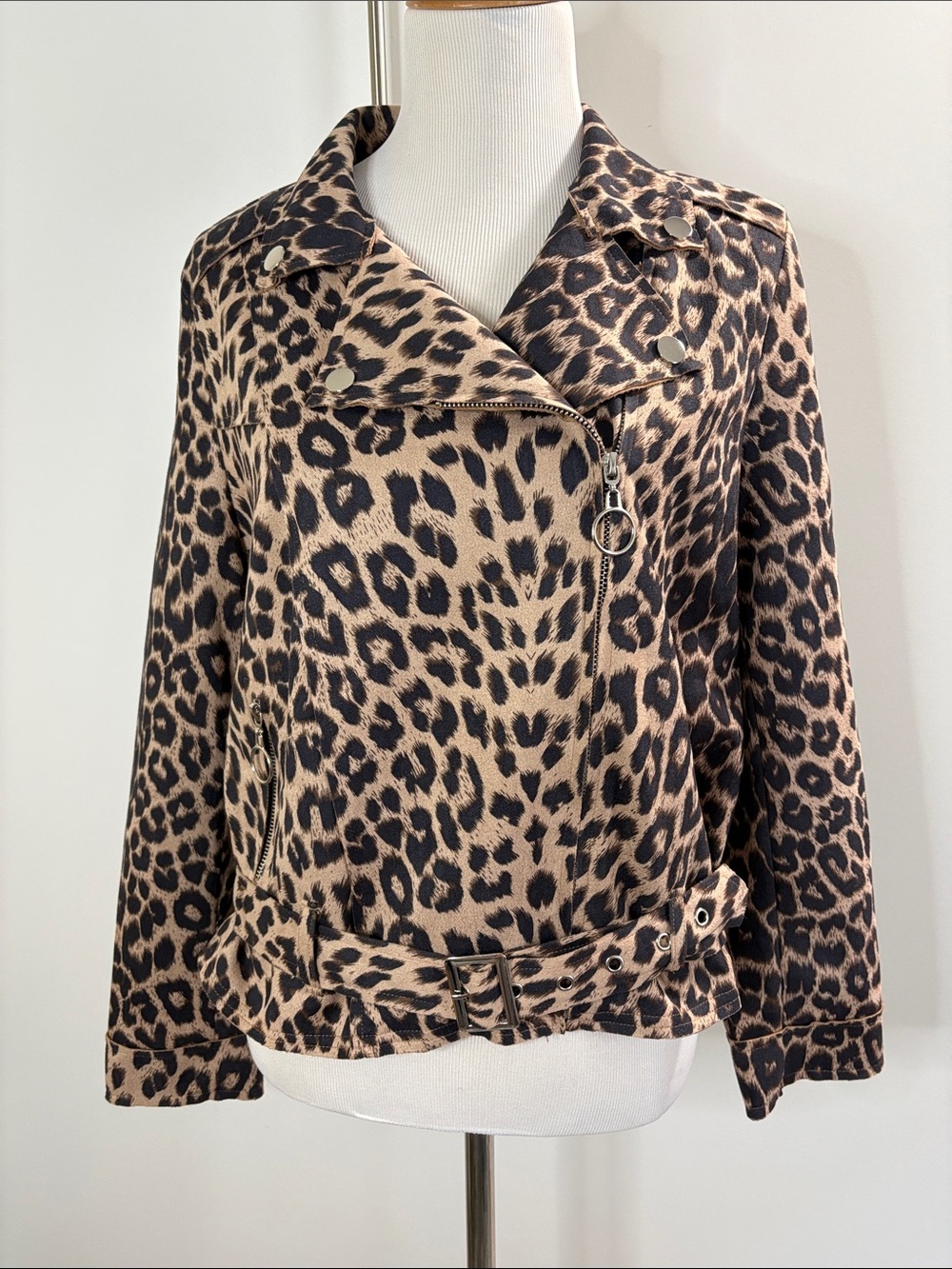 Bar by Alexa Rae Run Wild Leopard Print Faux-Silk Moto Jacket - Tan & Black L